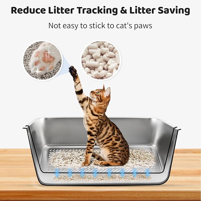 Stainless Steel Litter Box, 23.6" L x 15.7" W Drawer Type Semi-Enclosed Cat Litter Box with Sifting Pan, Scoop for Big Cat Easy Cleaning