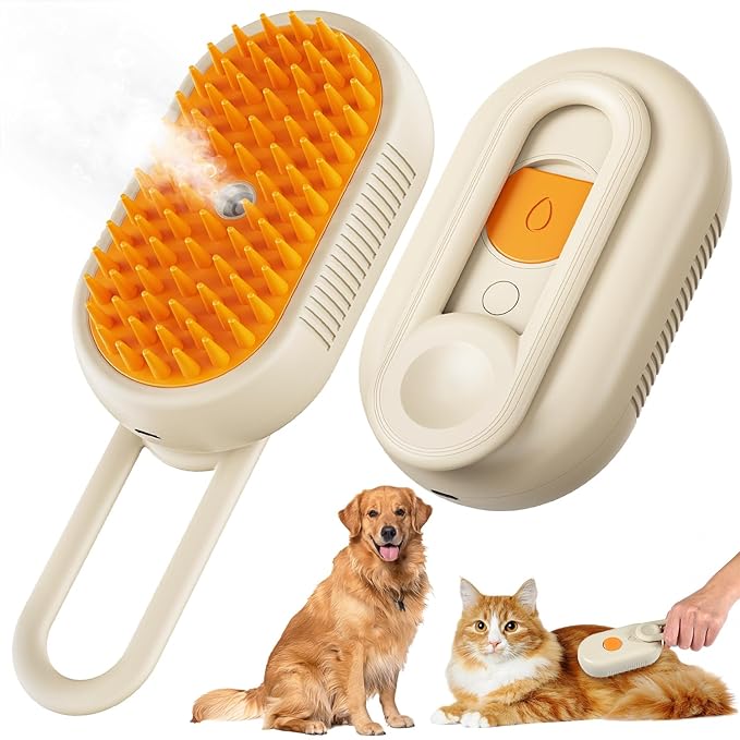 Upgrade Cat Steam Brush, 3 in 1 Pet Steam Groomer Brush, Rechargeable Pet Steam Groomer Comb for Massaging and Cleaning Shedding Pets Hair, Anti-Static Hair Removal Comb for Cats Dogs (Khaki)