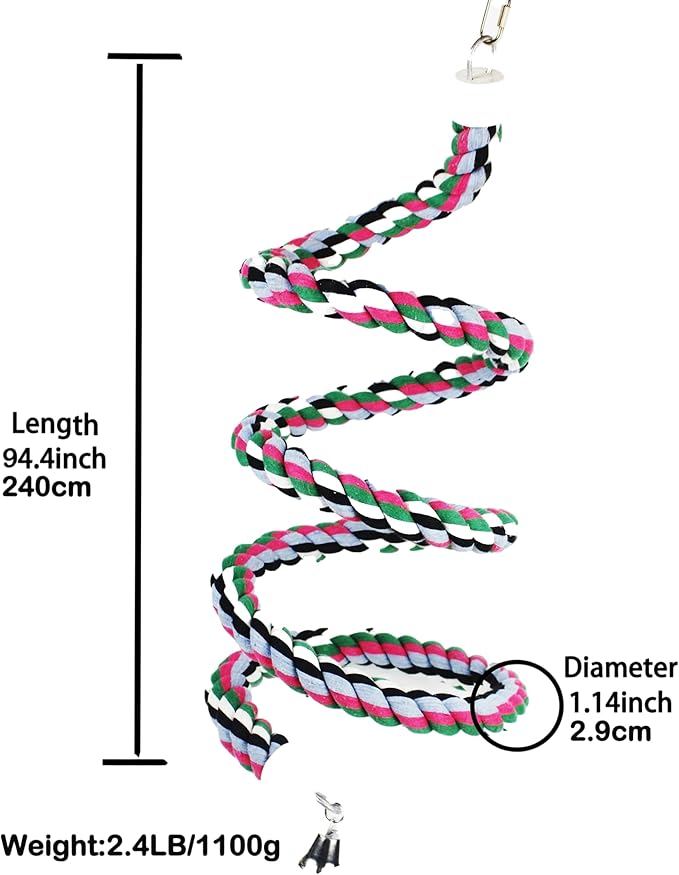 94.4inch Length Colorful Cotton Bendable Rope Perch Swing Bird Chew Toys Amazon Parrots Cage Toys with Bell Swing Climbing Standing Bungee Bird Toys for Regular to Big Size Birds