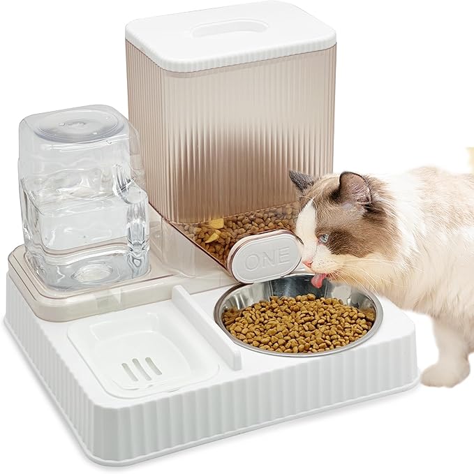 Fhiny Gravity Cat Feeder & Water Dispenser, 2 in 1 Automatic Puppy Waterer Removable Stainless Steel Food Bowls Set Self Feeding Pet Food Storage for Cat Kitten Puppy Easy Clean (White)