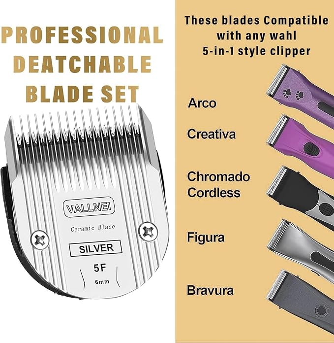 Detachable Adjustable Pet Dog Grooming Clipper 5-in-1 Blade Compatible with WAHL Professional Animal Blade Arco, Bravura, Chromado, Creativa, Figura, and Motion Pet, Dog, and Horse Clippers(5F)(2PACK)