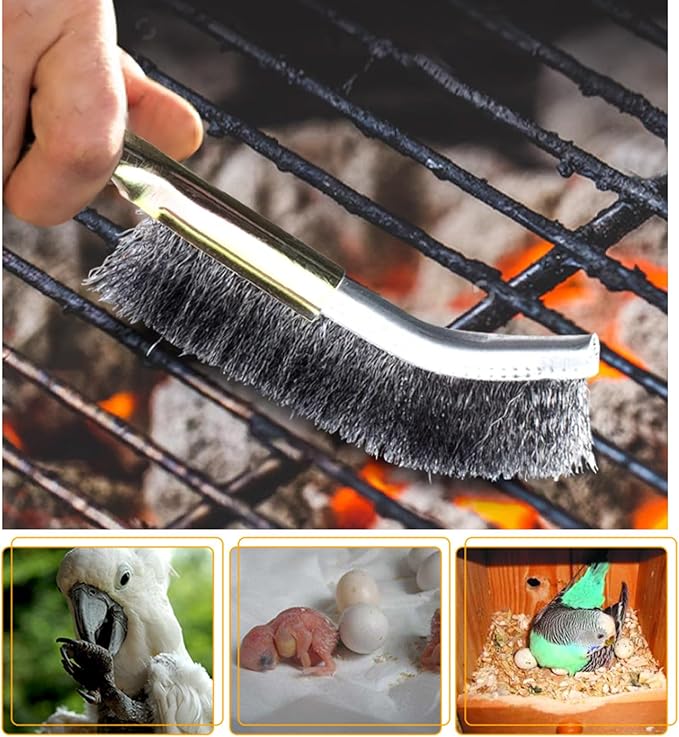 QBLEEV 3 Pack Bird Cage Brush, Wooden & Stainless Steel Long Handle Bird Cage Cleaner Brush, Poop Off Bird Cage Cleaning Brushes, Bird Cage Scraper Parrot Poop Remover Accessory