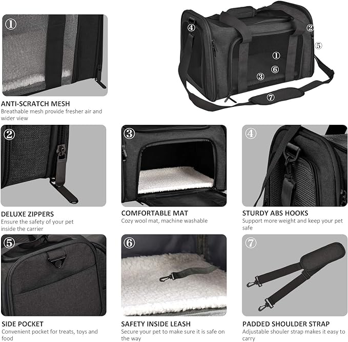 Cat Carriers Dog Carrier Pet Carrier for Small / Medium Cats Dogs Puppies (Up To 15lbs), TSA Airline Approved Small Dog Carrier Soft Sided, Collapsible Waterproof Travel Puppy Carrier -Black