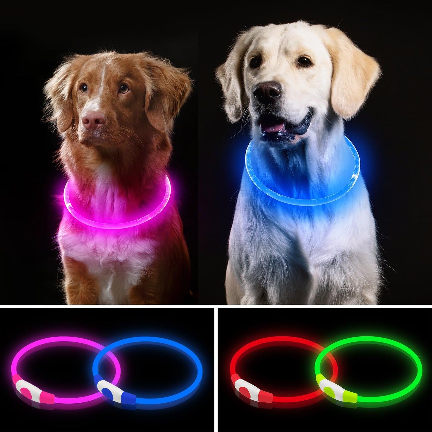 2 Pack Light Up Dog Collar, USB Rechargeable Dog Collar Light for Night Walking, Led Lighted Dog Collar, Glow in The Dark Dog Collar for Small Medium Large Dogs (Pink+Blue)