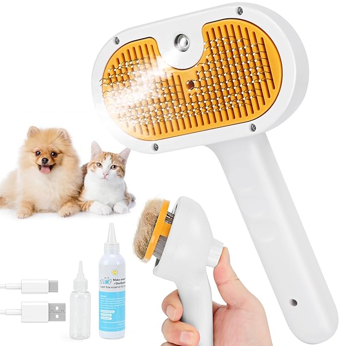 Pet Steam Brush for Cats and Dogs, 4-in-1 Spray Hair Removal Comb, Cat Brush for Shedding and Grooming with 1 Shampoo for Long & Short Haired Pets