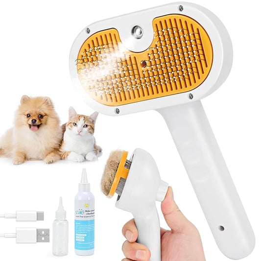 Pet Steam Brush for Cats and Dogs, 4-in-1 Spray Hair Removal Comb, Cat Brush for Shedding and Grooming with 1 Shampoo for Long & Short Haired Pets