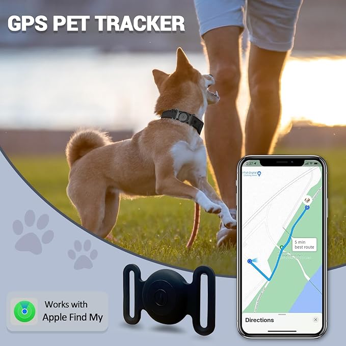 GPS Tracker for Dogs, Mini GPS Cat Tracker, IPX8 Waterproof GPS Tracker for Cats with Holder, No Monthly Fee, Work with Apple Find My(iOS Only), Smart Trackers for Dogs Finder Trackers Pets(Black)
