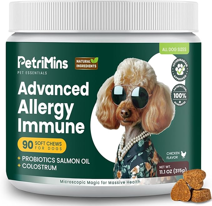 Advanced Allergy Immune Itch Relief for Dogs, Itching Skin Relief & Seasonal Allergies Support with Dog Probiotics, Astragalus Root & Mushroom, Colostrum, Turmeric, Omega 3-90ct, Chicken