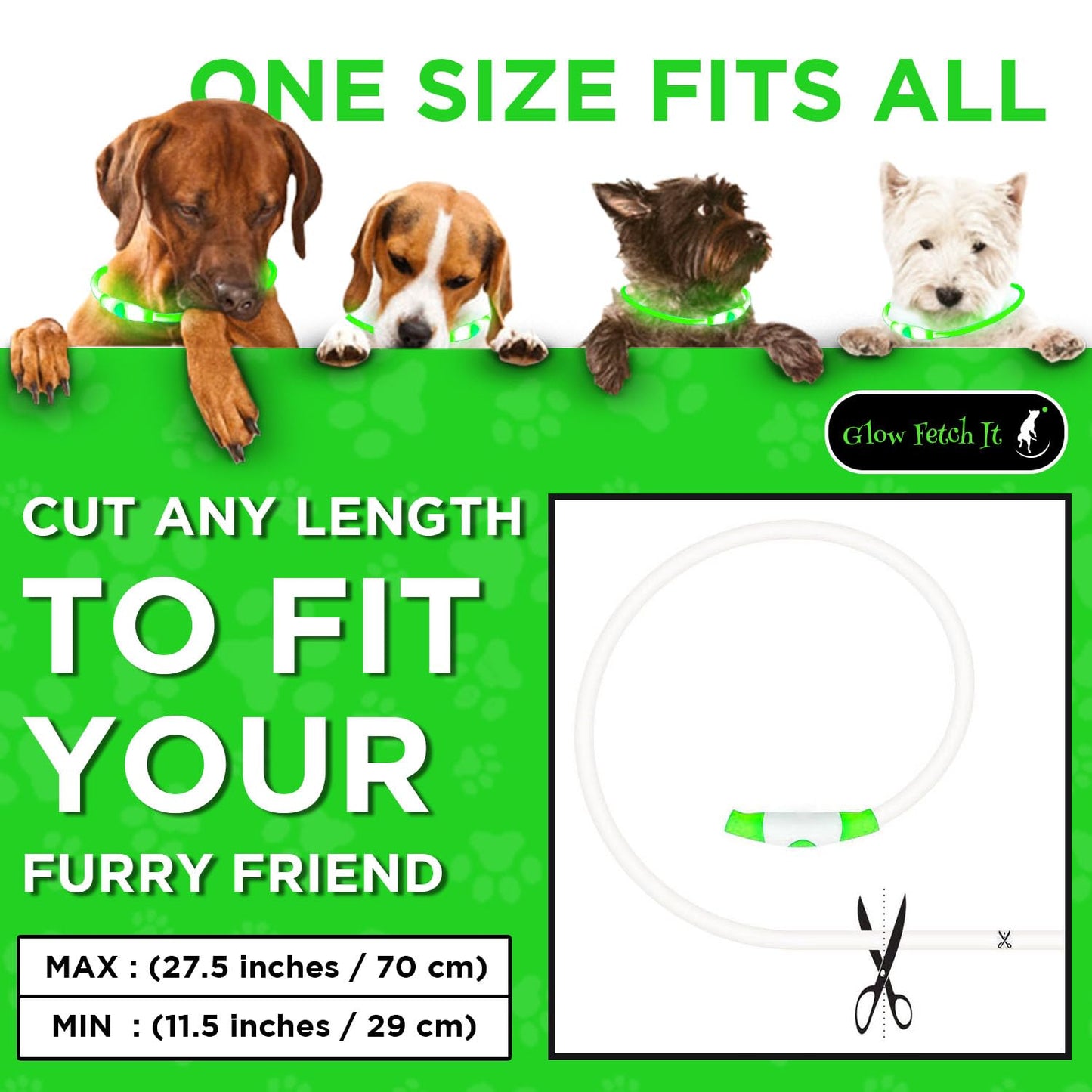 LED Dog Collar, Waterproof Light Up Dog Collar Rechargeable, Dog Safety Necklace for Night Walking, Adjustable Cut-to-Fit Silicone Collar Small Medium Large Dog 27.5” Cuttable (Green)