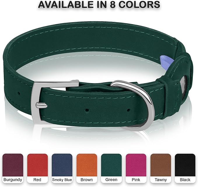 Leather Dog Collar with Airtag Holder - Apple AirTag Dog Collars - Soft Tracking Smart GPS Pet Collar for Small Medium Large Dogs Puppy (Green, L, 15"-19" Neck Fit)