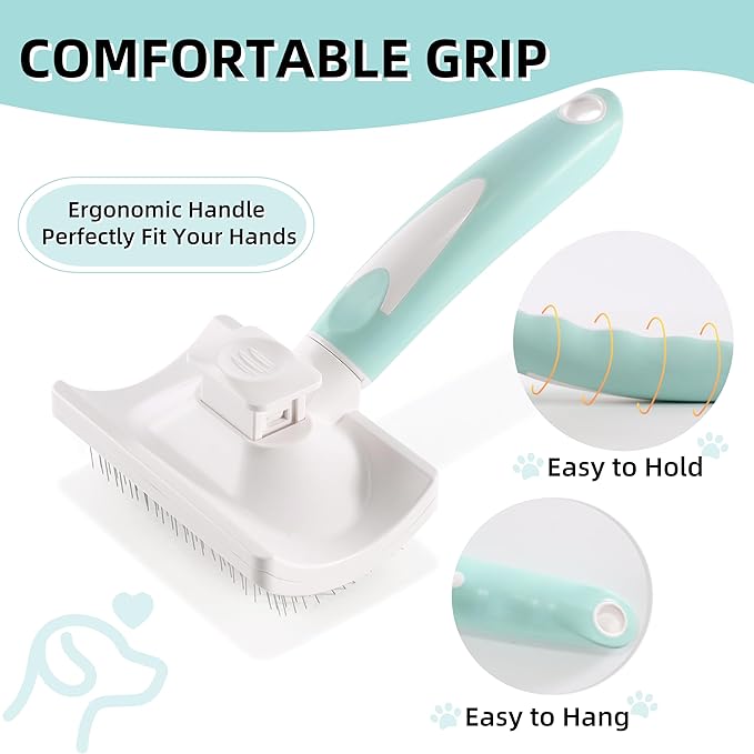 Dog Self-Cleaning Slicker Brush with One Button Fur Removal Deshedding Brush for Dogs and Cats with Long Hair for Shedding Massaging Grooming Green