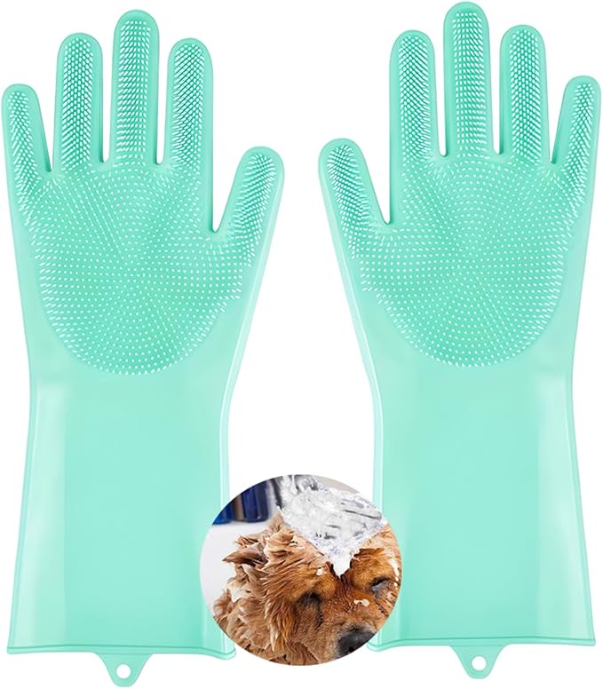 1 pairs Silicone Dishwashing & Pet Grooming Gloves - 2-in-1 Heat Resistant Gloves with High-Density Teeth, Enhanced Five Finger Design for Bathing, Cleaning Dishes, Cars, Dogs & Cats(Green)