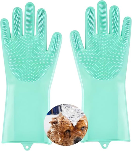 1 pairs Silicone Dishwashing & Pet Grooming Gloves - 2-in-1 Heat Resistant Gloves with High-Density Teeth, Enhanced Five Finger Design for Bathing, Cleaning Dishes, Cars, Dogs & Cats(Green)