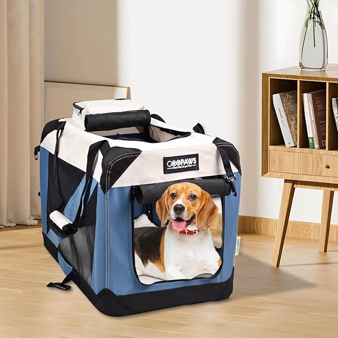 JESPET Soft Dog Crates Kennel for Pets, 3 Door Soft Sided Folding Travel Pet Carrier with Straps and Fleece Mat for Dogs, Cats(6-Lake Blue, Small(24" L x 16.5" W x 16.5" H))