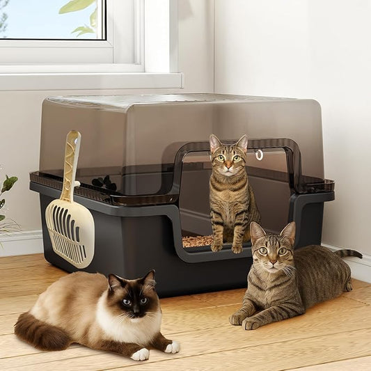 Oneluck Large Covered Cat Litter Box with Scoop and Transparent Lid, Non-Stick, Durable, Easy-Clean Pan for Multi-Cat Households,XL,Black