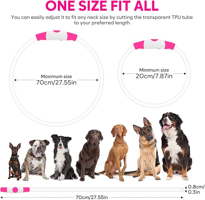 HIGO LED Dog Collar, USB Rechargeable Light Up Dog Collars Glow in The Dark, Waterproof LED Dog Necklace for Your Dogs Walking at Night (Pink)