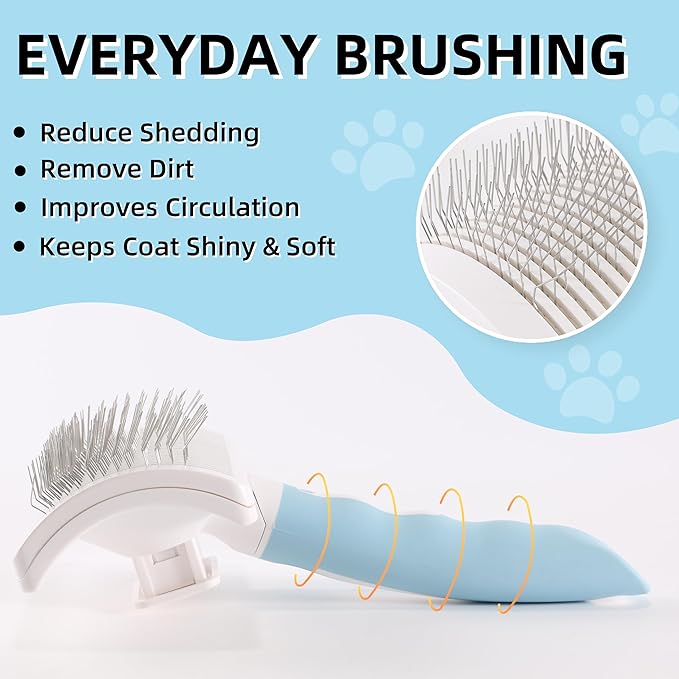 Dog Self-Cleaning Slicker Brush with One Button Fur Removal Deshedding Brush for Dogs and Cats with Medium or Long Hair Remove Loose Undercoat Blue