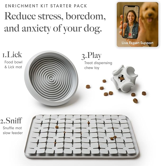 LAY LO Dog Enrichment Starter Pack: Treat Dispensing Toy, Slow Feeder Bowl & Lick Mat, and Snuffle Mat | Dishwasher Safe | Medical Grade Silicone | Non-Toxic | Includes Live Support from Dog Experts