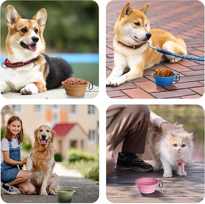 PetBonus 2-Pack Silicone Collapsible Dog Bowls, BPA Free Dishwasher Safe, Portable Foldable Expandable Travel Bowl, Food Water Feeding Cup Dish for Dogs Cats with 2 Carabiners (Army Green, Navy Blue)