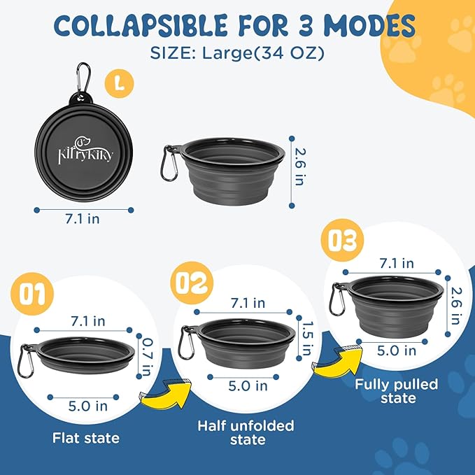 Large Collapsible Dog Bowls, 2 Pack 34oz Portable Travel Dog Bowls, Foldable Water Bowl for Dogs, Pet Feeding Watering Dish with Carabiner, Food Grade Silicone BPA Free(Blue+Black, L)