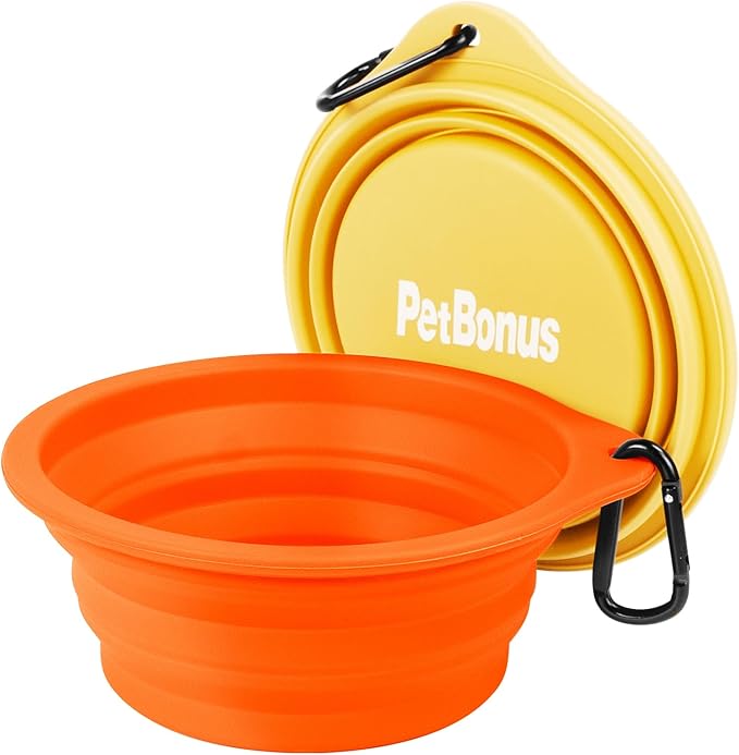 PetBonus 2-Pack Silicone Collapsible Dog Bowls, BPA Free Dishwasher Safe, Portable Foldable Expandable Travel Bowl, Food Water Feeding Cup Dish for Dogs Cats with 2 Carabiners (Orange, Yellow)