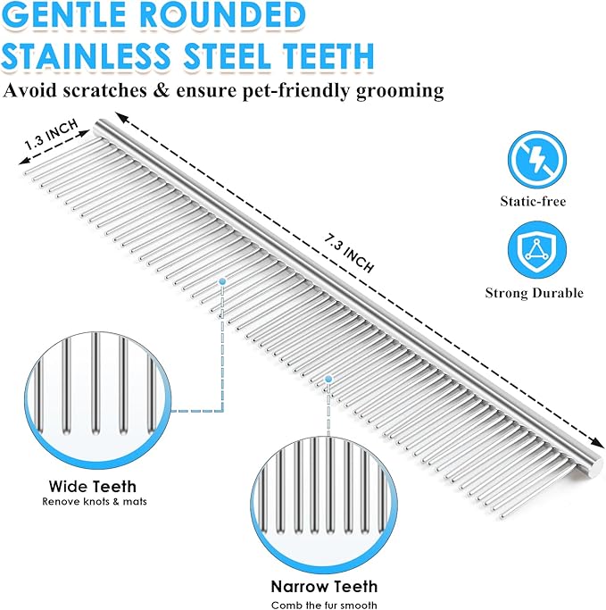 Large Slicker Brush for Dogs - 3PC Pet Grooming Kit - Undercoat Rake & Stainless Comb | Long Pins Remove Mats on Poodles, Golden, Labradoodles | Thick Coat Deshedder for Dogs, Cats, Blue