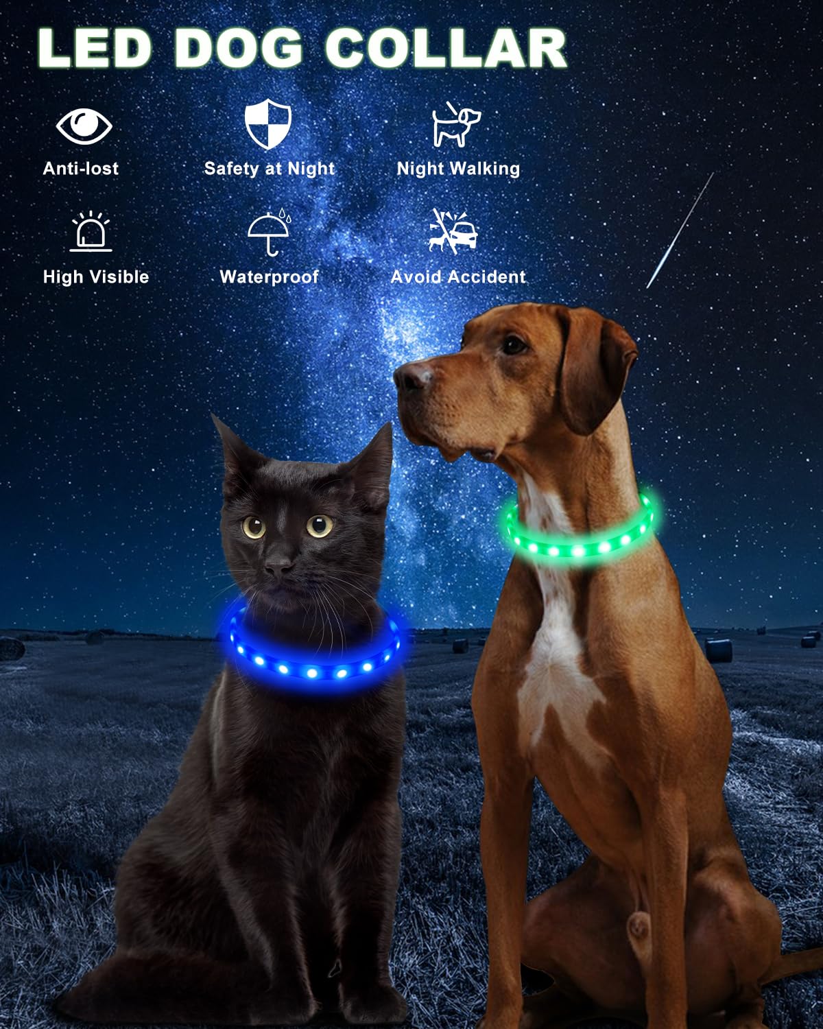 Led Dog Collar,9 Colors Light Up Dogs Collar USB Rechargeable Pet Safety Necklace,Brightest Adjustable Size Dog Collar Lights,High Visibility Glow in The Dark for Night Walking Small Medium Large Dogs