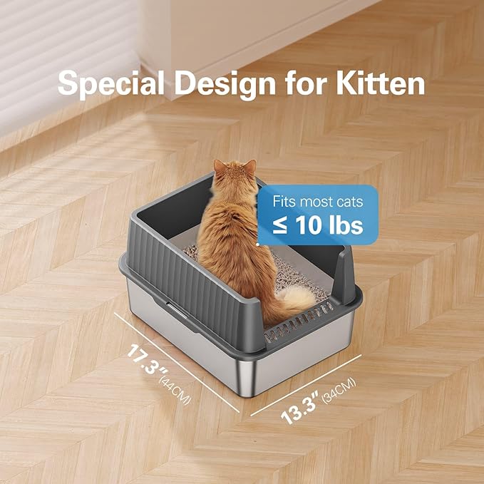 Zarler Stainless Steel Litter Box for Kittens, Small Cat Litter Box 17" L x 13" W x 11.8" H, Metal Kitty Litter Boxes with High Sides, Black (Non-Sticky, Easy to Clean, Anti-Urine Leakage)