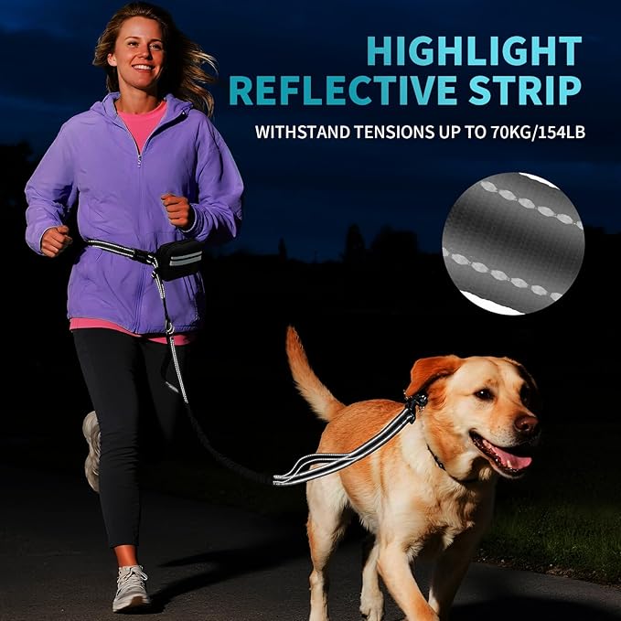 Hands Free Dog Leash with Removable Zipper Pouch, Dual Padded Handles and Durable Bungee for Walking, Jogging and Running-Black