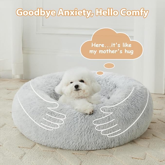 WNPETHOME Calming Dog Bed Cat Bed Donut, Faux Fur Pet Bed Self-Warming Donut Cuddler, Comfortable Round Plush Dog Beds (30 x 30 x 10 Inch, Light Grey)