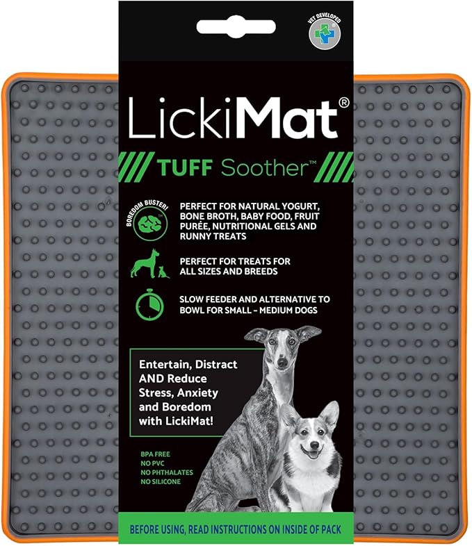 LickiMat Tuff, Heavy-Duty Soother, Dog Slow Feeder Lick Mat, Boredom Anxiety Reducer; Perfect for Food, Treats, Yogurt, or Peanut Butter, Fun Alternative to a Slow Feed Dog Bowl, Orange