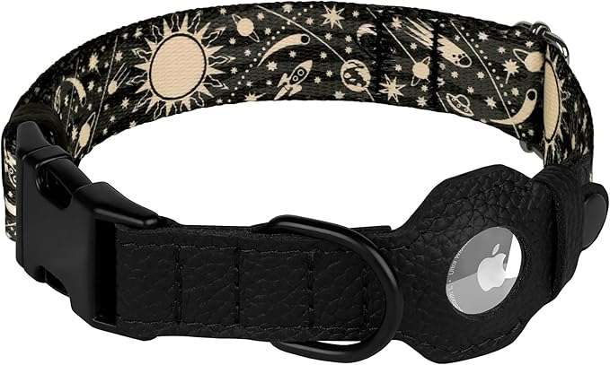 AirTag Dog Collar with Metal Buckle - Soft Leather Printed Nylon Dog Collar with Apple AirTag Holder - Cute Tracking GPS Pet Collars for Girl Boy Small Large Dogs (M, 14"-18" Neck Fit, Space)