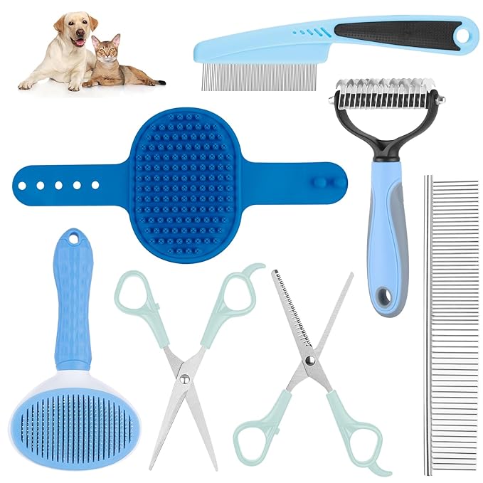 Pet Grooming Kit with Pet Shedding Slicker Brush, Bath Massage for Rabbit, Puppy, Kitten, All Hair Types, Includes Multiple Combinations of Combs and Brushes