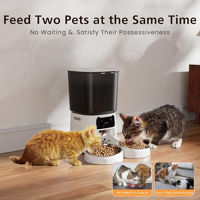 Automatic Cat Feeder with Camera, 6L WiFi Smart Pet Feeder with APP Control, 1080P HD Video, Voice Call, Motion Detection, Dual Power Supply, for Dogs Cats, Small-Pet (White, 6L)