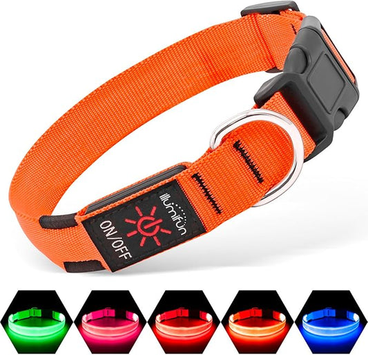 Illumifun Light Up Dog Collar, USB Rechargeable LED Dog Collar, Adjustable Lighted Safety Collar for Nighttime Walking Camping (Orange, Medium)