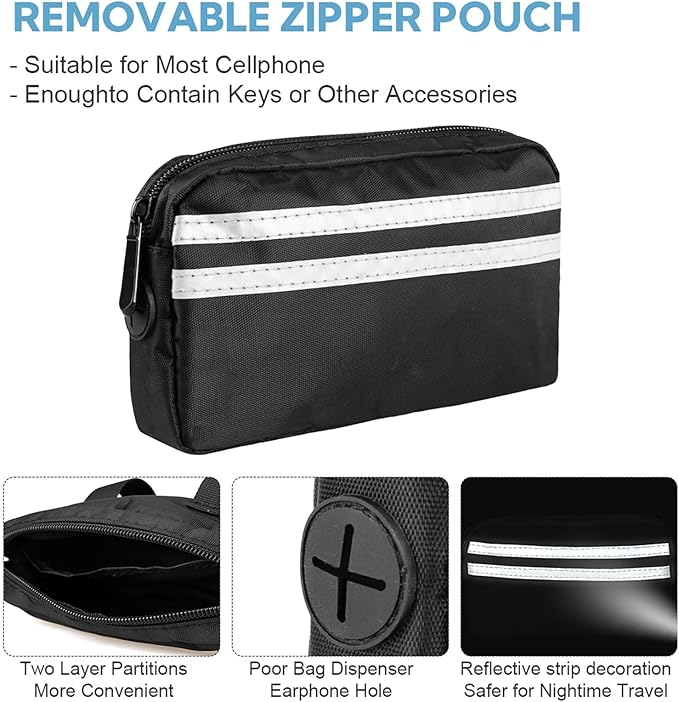 Hands Free Dog Leash with Pouch, Double Leash for Two Dogs, Retractable Bungee with Double Padded Handles, Dog Waist for Dog Walking,Dog Walking Accessories,Black Grey