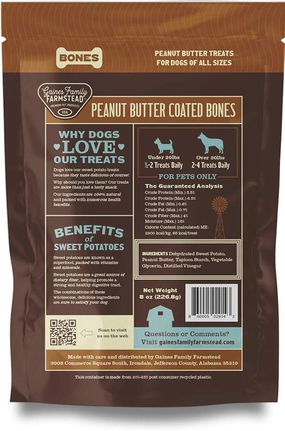 Gaines Family Farmstead Peanut Butter Coated Sweet Potato Dog Bones – 40 oz Bag, Grain-Free, Chewy, Natural Dog Treats for Digestion, Skin, Energy & Immunity – Limited Ingredient, Made in USA