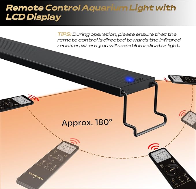GLOWRIUM LED Aquarium Light with Remote, Full Spectrum Fish Tank Light with Auto Timer, IP67 Waterproof Freshwater Planted Tank Light, Dimmable RGB+W+Moon LEDs with High Performance (27W 36-41inch)