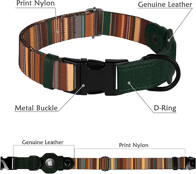 AirTag Dog Collar with Metal Buckle - Soft Leather Printed Nylon Dog Collar with Apple AirTag Holder - Cute Tracking GPS Pet Collars for Girl Boy Small Large Dogs (S, 12"-15" Neck Fit, Striped)