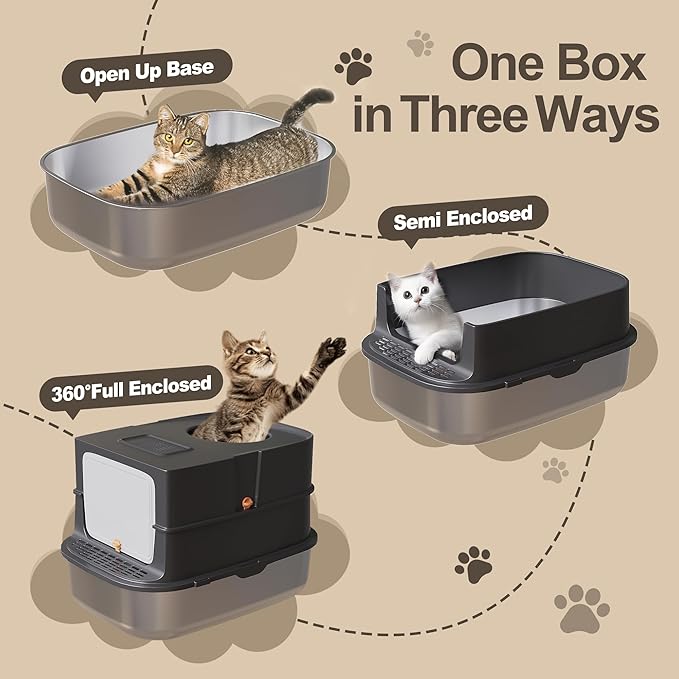 Jalove Stainless Steel Cat Litter Box with Lid, XL Extra Large Metal Litter Box for Big Cat, Covered Enclosed Kitty Litter Boxes, High Sided Enclosure with Scoop & Mat, Easy Cleaning, Dark Gray