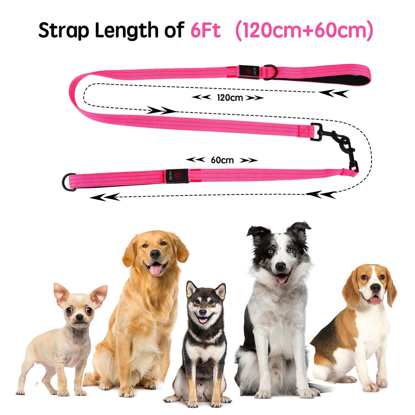 Dlitk Light Up Dog Leash, LED Leashes Rechargeable, Nylon Reflective Lead with Padded Handle for Night Walking, Safety Glow Lights for Large Medium Small Dogs(Pink,(4 Ft+2 Ft))