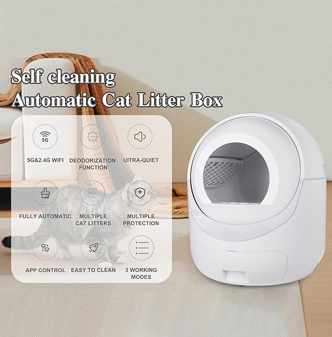 Automatic Litter Box Cleaning - Supports WiFi (2.4ghz) and App - No Need for Manual Cleaning, Reduces Litter Spillage, Super Deodorizing Feature with Bentonite and Xiaomi Cat Litter-White