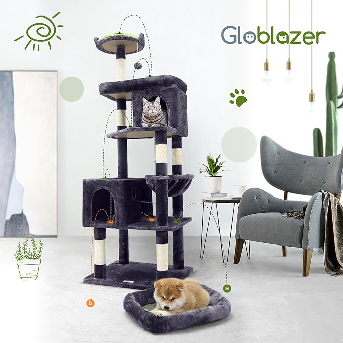Globlazer Heavy Duty Cat Trees for Large Cats, Sturdy 72in Maine Coon Cat Tree for Large Cats 20 lbs+ Heavy Duty Cat Tower for Adult Biggest Cat with 6 Scratching Posts, Hammock, S72, Dark Gray