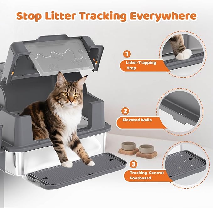 Homegroove XXXL Stainless Steel Litter Box with Lid, 28''x20''x18'' Extra Large Cat Litter Box with Litter Scoop & Pedal, Enclosed Metal Cat Litter Pan for Large & Multi-Cats, Anti-Leakage (Grey)