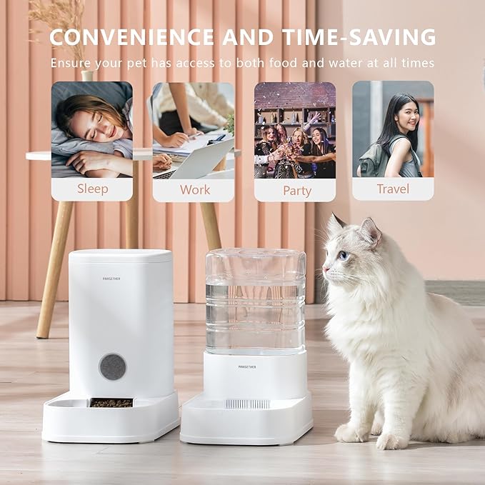 PAWGETHERยฎ 2 Pack Gravity Cat Feeder and Water Dispenser 1 Gallon/3.5L Automatic Cat and Dog Feeder and Waterer with Pet Food Bowl for Puppy Kitten