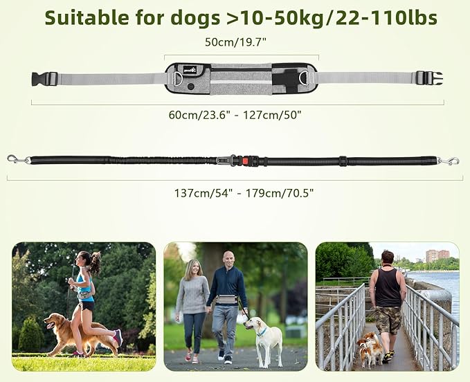 Pecute Hands Free Dog Leash with Pouch, Waist Belt Fanny Pack with Soft Padds, Dual Padded Handles and Durable Bungee for Walking, Hiking, Jogging Biking, and Running (Up to 220lbs)
