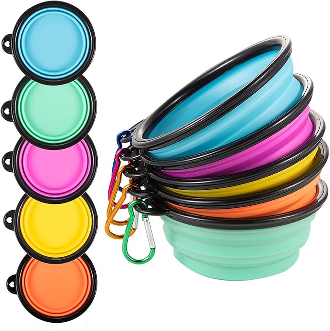 Collapsible Dog Bowls, Travel Dog Cat Water Bowl Portable Foldable Food Dishes with Carabiner Clip for Traveling, Hiking, Walking (Pack of 5)