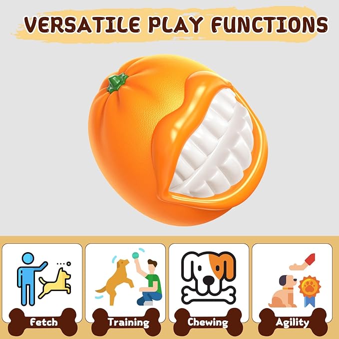 Indestructible Dog Squeaky Ball - Tough Chew Toy for Aggressive Chewers, Medium/Large Dogs - Durable Fetch Toy for Indoor, Outdoor & Water Play - Orange