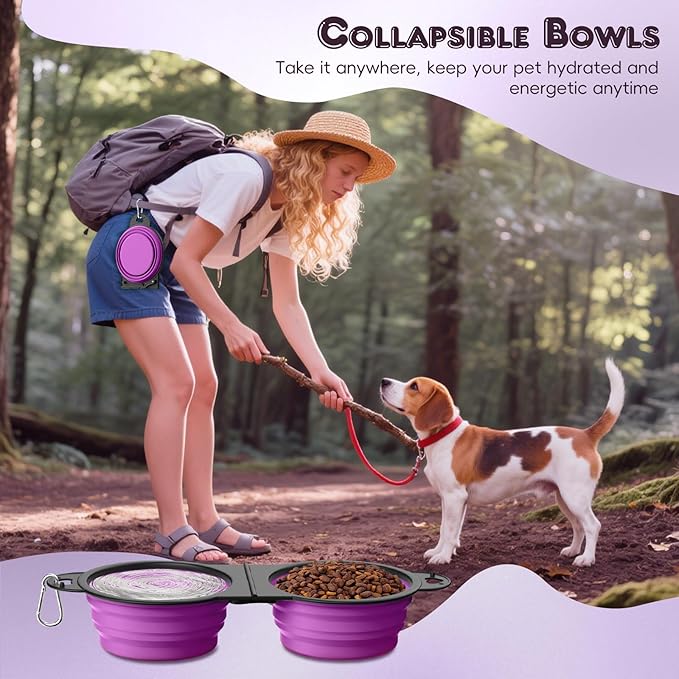 Pawaboo 2-in-1 Collapsible Dog Bowls, Dual Puppy Food and Water Bowls, 180° Flip Over Portable Silicone Dog Bowl with Metal Hook, 450ml Pet Travel Feeder Bowl for Walking Hiking Camping, Purple