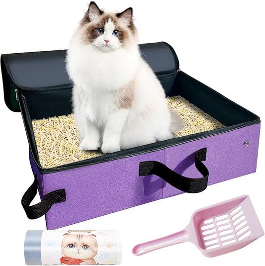Upgraded Portable Cat Travel Litter Box with Zipped Lid & 10 Liners, Leak-Proof and Foldable Travel Cat Litter Box for Hotels, Car, and Camping, Odor-Free & Waterproof, 20x14x6.5 Inches (Purple)
